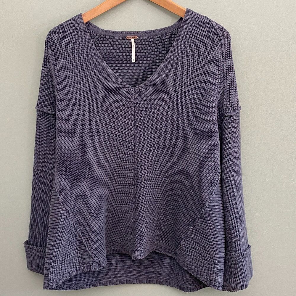 Free People La Brea Sweater Womens XS Gray Blue Cotton V Neck Pullover Slouchy